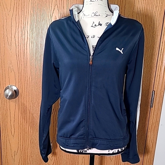 Puma navy striped logo track jacket full zip sweatshirt athleisure - Picture 1 of 3